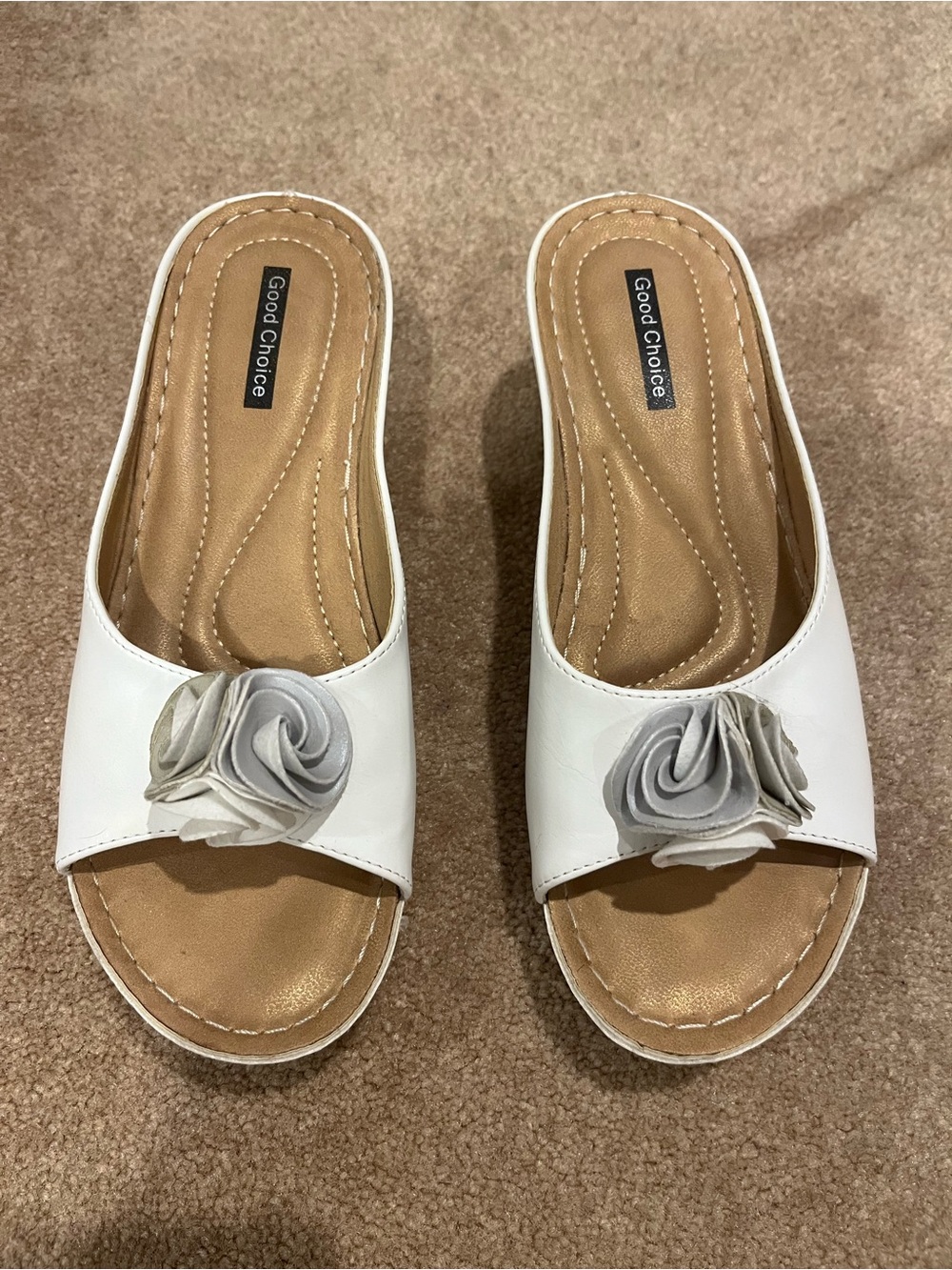 Good Chic White Slide Mules with Gray Rosette Detail